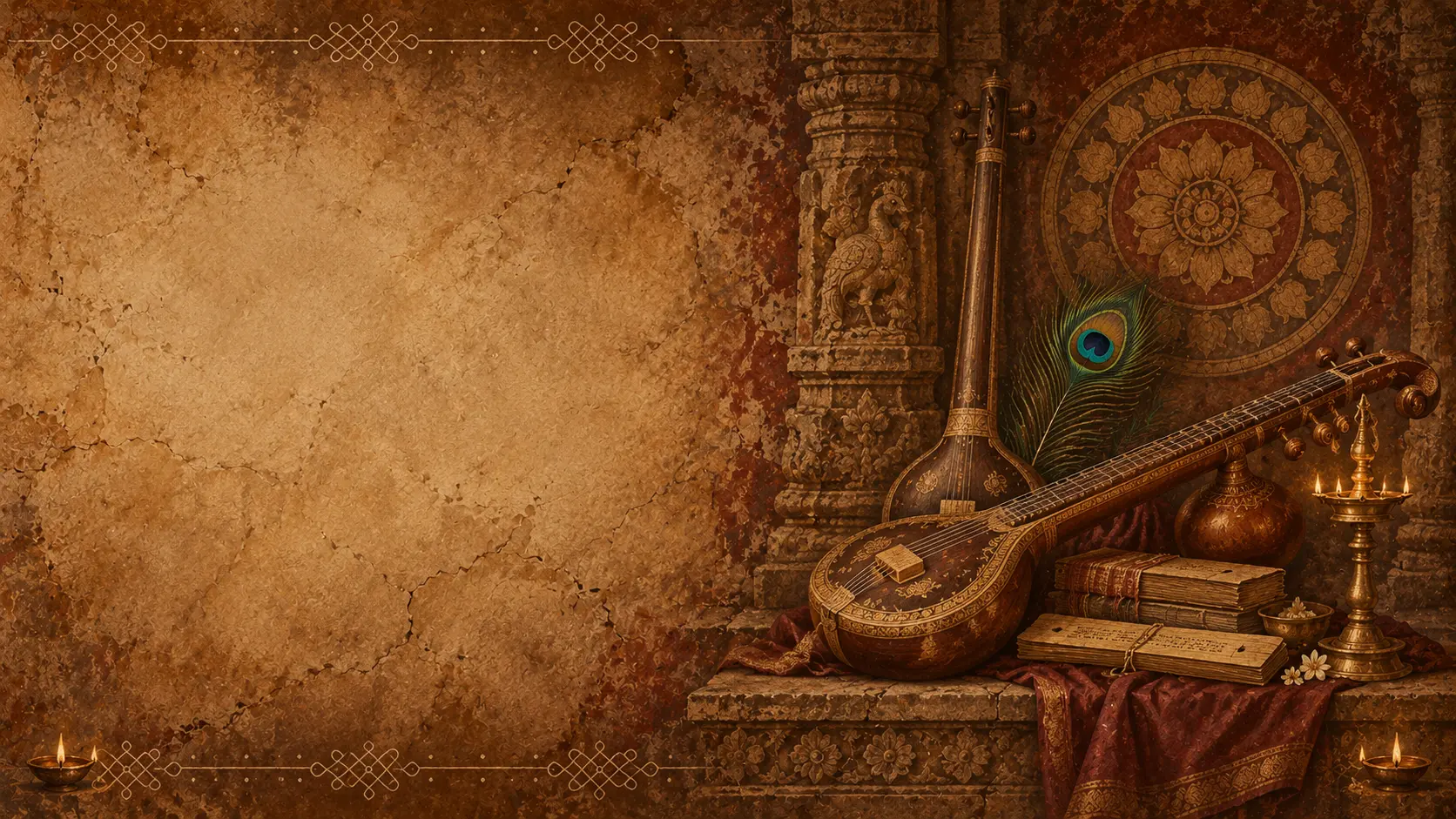 A veena, tanpura, peacock feather, palm-leaf manuscripts and a brass lamp arranged against a weathered coffee-coloured heritage wall
