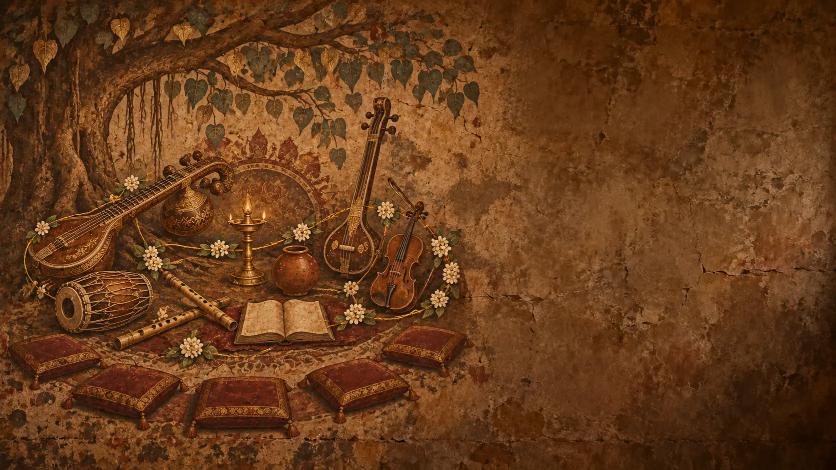 Classical instruments, an open songbook, a brass lamp and empty seating cushions arranged in a circle beneath a painted tree