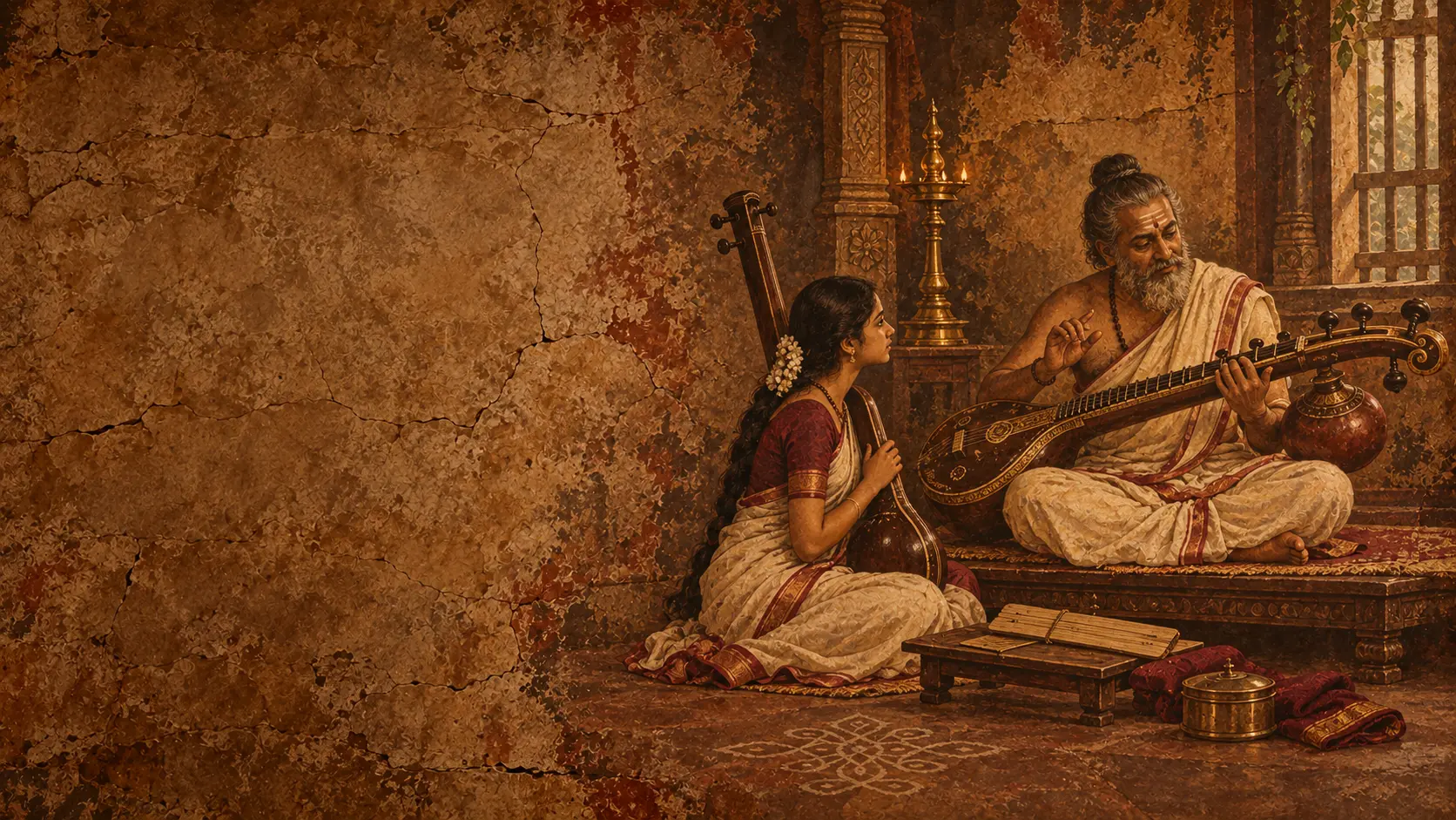An elder guru playing the veena while a young student listens with a tanpura, beside a brass lamp and palm-leaf manuscripts