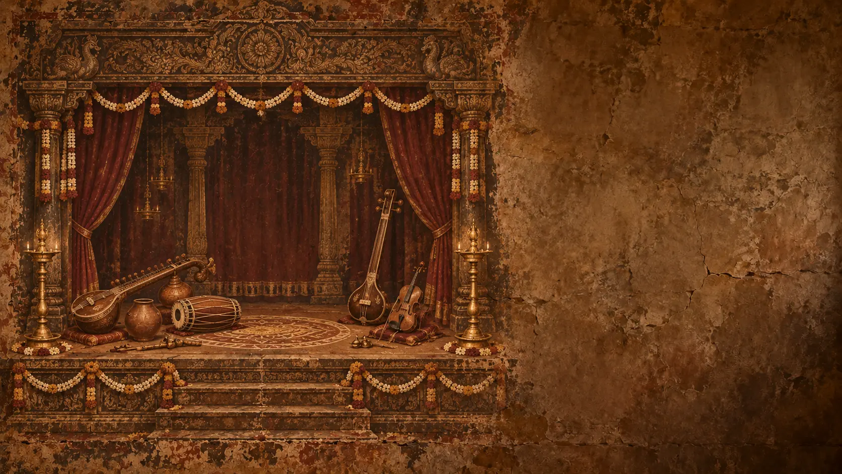 A garlanded classical stage set with veena, mridangam, violin and tall brass lamps, awaiting performers