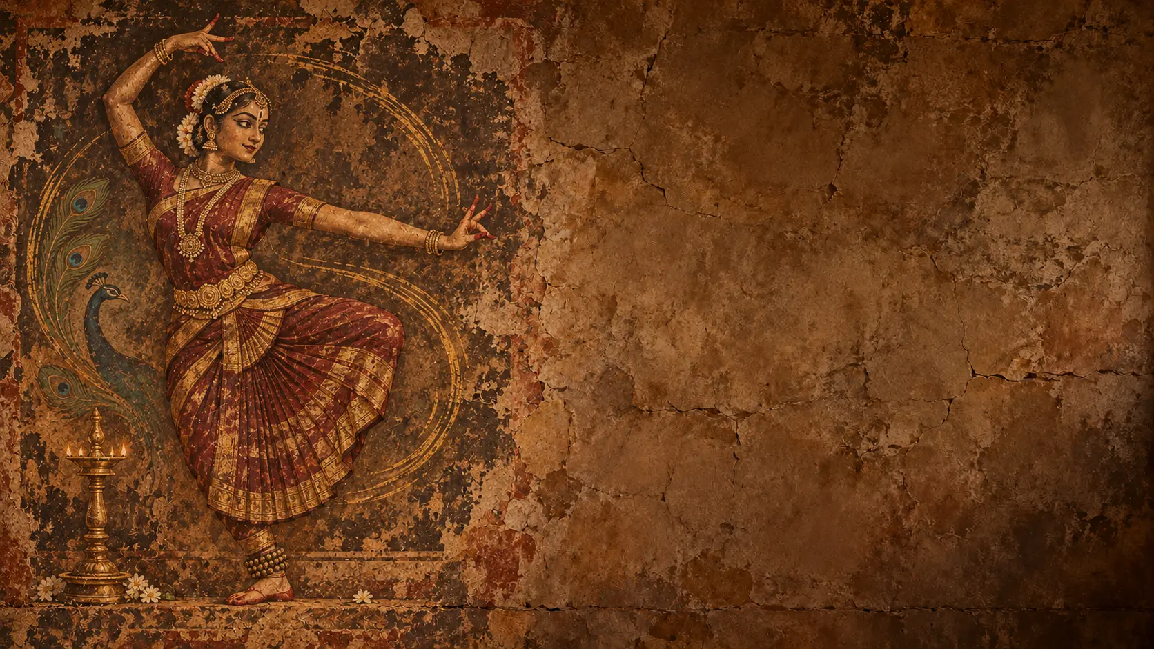 A weathered coffee-coloured wall painted with a Bharatanatyam dancer in a maroon and gold costume, beside a peacock and a lit brass lamp