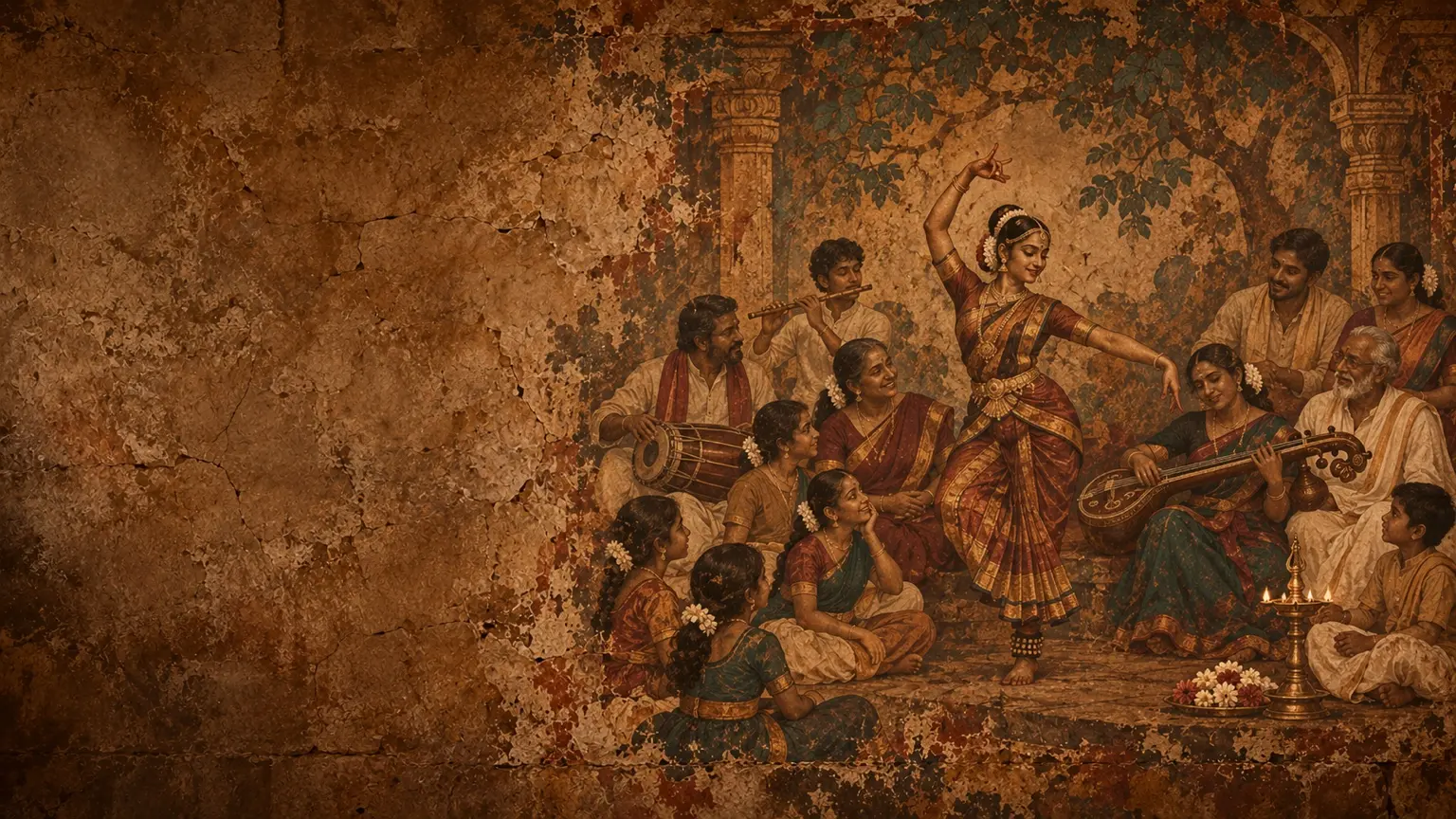 A Bharatanatyam dancer performing before a seated gathering of musicians, families and children in a warm courtyard