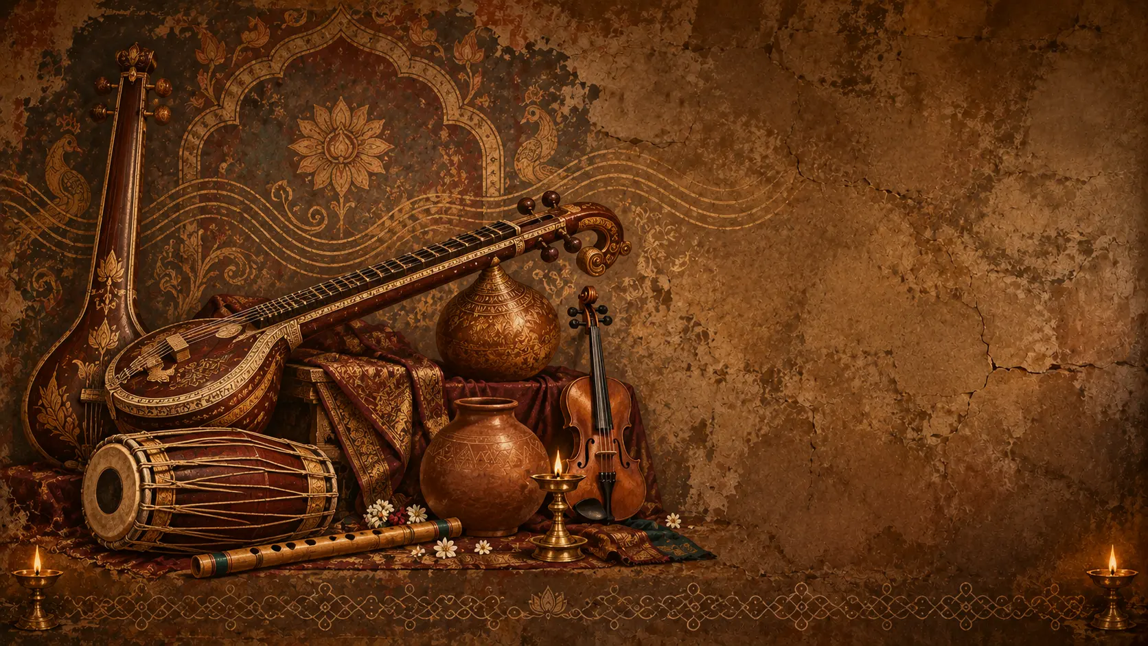 A tanpura, veena, mridangam, ghatam, bansuri and violin arranged with a brass lamp against an ornamented coffee-coloured wall